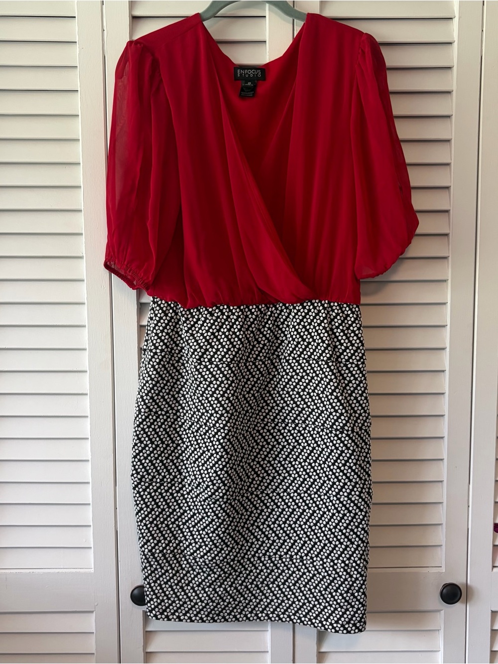 Enfocus Studio Red Top Black and White Patterned Pencil Dress